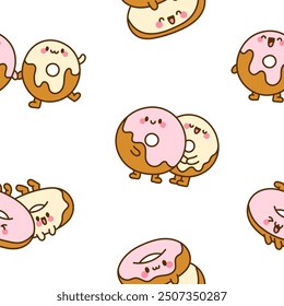 Lindas parejas donuts amistad. Patrón sin fisuras. Donuts abrazados, sentados juntos personajes de dibujos animados. Estilo dibujado a mano. Dibujo de Vector. Diseña adornos.