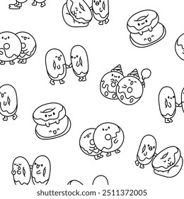 Cute couples donuts friendship. Seamless pattern. Coloring Page. Doughnuts hugging, sitting together cartoon characters. Hand drawn style. Vector drawing. Design ornaments.