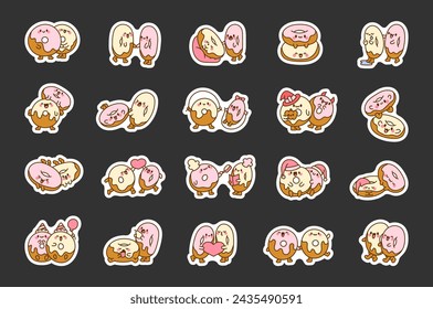 Lindas parejas donuts amistad. Marcador de etiqueta. Donuts abrazados, sentados juntos personajes de dibujos animados. Estilo dibujado a mano. Dibujo vectorial. Colección de elementos de diseño.