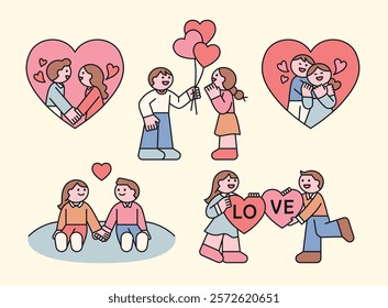 Cute couples holding hearts and expressing their love. Romantic illustration for Valentine's Day.