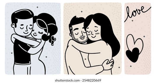 Cute couples hugging. Vector doodle set with lettering. Happy Valentine's Day!