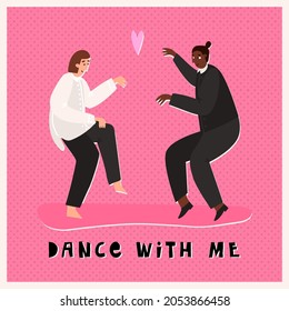 Cute couples in love, dancing like in the movie scene, do the carry pa, hugs. Valentine's Day multiethnic characters pastime, enjoying time together concept. Vector hand-drawn isolated illustration.