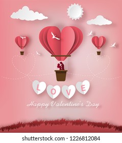 Cute couples in love hugging, staring at each other's eyes and standing inside a basket of an air balloon, paper art style, flat-style vector illustration.