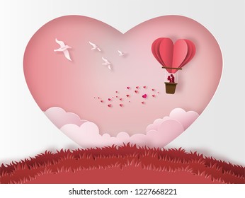 Cute couples in love hugging, staring at each other's eyes and standing inside a basket of an air balloon, many heart floating in the air, paper art style, flat-style vector illustration.