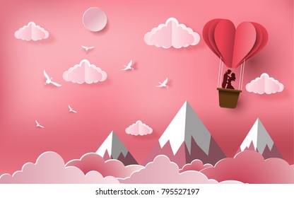 Cute couples in love hugging, staring at each other's eyes and standing inside a basket of an air balloon, paper art style, flat-style vector illustration.