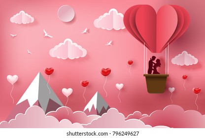 Cute couples in love hugging, staring at each other's eyes and standing inside a basket of an air balloon, paper art style, flat-style vector illustration.