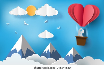 Cute couples in love hugging, staring at each other's eyes and standing inside a basket of an air balloon, paper art style, flat-style vector illustration.