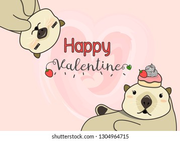 Cute couples of sea otter. Happy Valentines card.