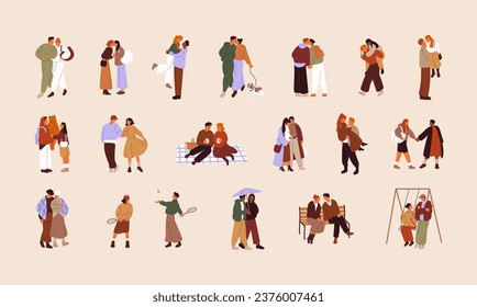 Cute couples set. Different romantic pairs on date. Lovers love, cuddle, kiss each other, walking, spend time together. Relationship, courtship. Flat isolated vector illustration on white background