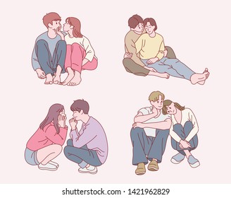 Cute couples sitting in sweet pose  hand drawn style vector design illustrations  