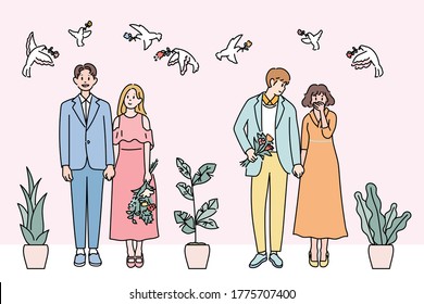 Cute couples are standing holding hands. hand drawn style vector design illustrations. 