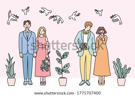 Cute couples are standing holding hands. hand drawn style vector design illustrations. 