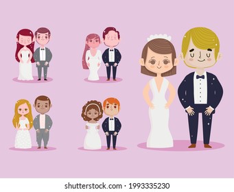 cute couples wedding characters set