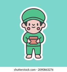 Cute courier boy holding package cartoon doodle. illustration for t shirt, poster, logo, sticker, or apparel merchandise.