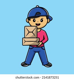 Cute Courier Boy Holding Package Cartoon Vector Icon Illustration