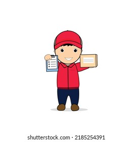 Paquete Cute Courier Boy Holding y cheque libro Ilustración del vector de dibujos animados