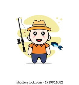 Cute courier character holding a fishing rod. Mascot design concept