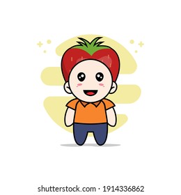 Cute courier character wearing strawberry costume. Mascot design concept