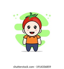 Cute courier character wearing tomato costume. Mascot design concept