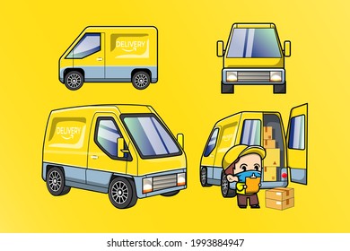 cute courier delivers delivery by van
