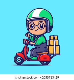 Cute Courier Delivery Package Cartoon Vector Icon Illustration. People Transportation Icon Concept Isolated Premium Vector. Flat Cartoon Style