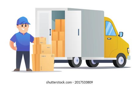 Cute courier delivery packages with van cartoon