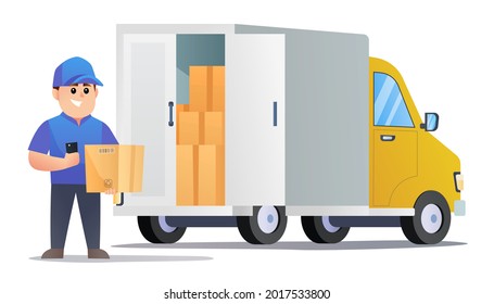 Paquete de retención de mensajero y smartphone con ilustración de la camioneta