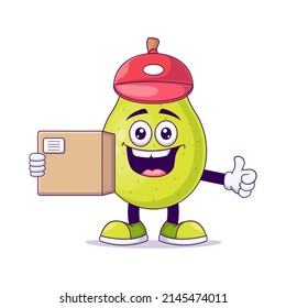 Cute courier pear cartoon vector illustration design. Fruit mascot character concept isolated vector