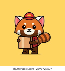 Cute courier red panda cartoon vector illustration animal proffession concept icon isolated