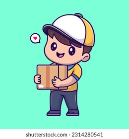 Cute Courier Shipping Package Cartoon Vector Icon Illustration. People Profession Icon Concept Isolated Premium Vector. Flat Cartoon Style