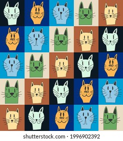 Cute cover with cat heads on colorful background. Trendy vector pattern in flat style for stationery, sketchbook, icon, postcard. Illustration of different color cat faces: blue, brown, dark-blue