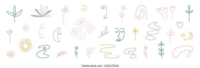 Cute cover design elements. Hand drawn line art floral shapes. Abstract form background. Organic shapes. Social media minimal stylish templates. Kids doodle room decoration. Vector illustration.
