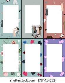 Cute cover designs in cartoon style for brochures, stories, applications. Vector flat big set of cover designs with girl, clothes, shoes and summer elements. Set of backgrounds with place for text.