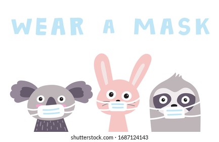 Cute COVID-19 hygiene promotion banner for children. Flat style illustration of animals with protective masks. Koala, hare, sloth wearing face mask