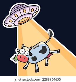 Cute Cow Abduted By UFO. Premium Vector Graphic Assets.