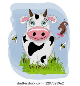 cute cow, adorable baby cartoon background with grass and bee. lovely greeting card. vector illustation.