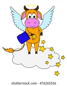 cute cow angel scatters stars on clouds