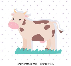 cute cow animal cartoon in a natural landscape dotted background vector illustration