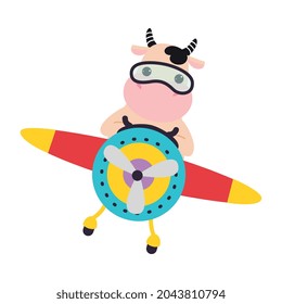 Cute Cow Animal with Goggles Flying on Airplane with Propeller Vector Illustration