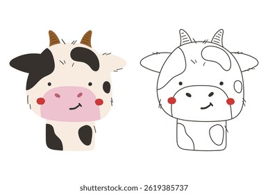 Cute cow animal isolated, cute farm animal coloring, kids illustration, cartoon