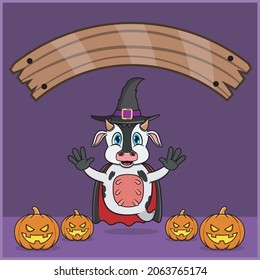 Cute Cow Animal wearing Vampire Halloween Custome, With Blank Space Banner, Pumpkins and Flying Position. Vector And Illustration.