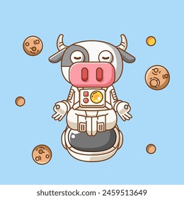 Cute cow astronaut animal kawaii chibi character mascot illustration outline style design set