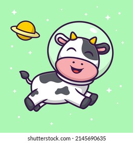 Cute Cow as Astronaut in Cartoon. Animal Vector Illustration. Flat Style Concept.