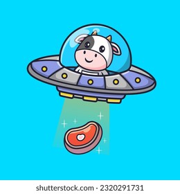 Cute Cow Astronaut Driving Ufo Catching Meat Steak Cartoon Vector Icon Illustration. Animal Food Icon Concept Isolated Premium Vector. Flat Cartoon Style