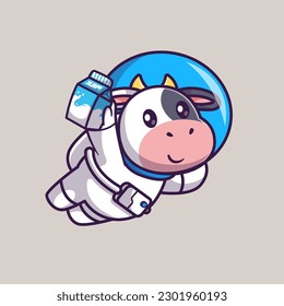 Astronauta De Vaca Cuta Volando Con Ilustración De Icono Del Vector De Leche. Vector Premium Aislado De Icono De La Ciencia Animal. Estilo de dibujo plano