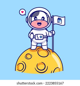 Cute Cow Astronaut Holding Flag Milk On Moon Cartoon Vector Icon Illustration. Animal Science Icon Concept Isolated Premium Vector. Flat Cartoon Style