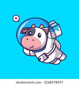 Cute Cow Astronaut Holding Milk Cartoon Vector Icon Illustration. Animal Science Icon Concept Isolated Premium Vector. Flat Cartoon Style