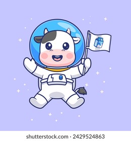 Cute Cow Astronaut Holding Milk Flag Cartoon Vector Icon Illustration. Animal Science Icon Concept Isolated Premium Vector. Flat Cartoon Style