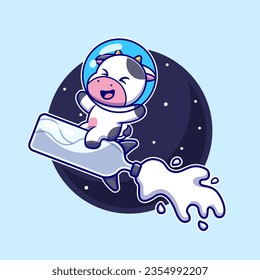 Cute Cow Astronaut Riding Milk Rocket In Space Cartoon Vector Icon Illustration. Animal Drink Icon Concept Isolated Premium Vector. Flat Cartoon Style