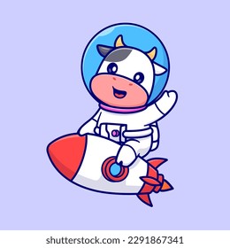 Cute Cow Astronaut Riding Rocket Cartoon Vector Icon Illustration. Animal Science Icon Concept Isolated Premium Vector. Flat Cartoon Style